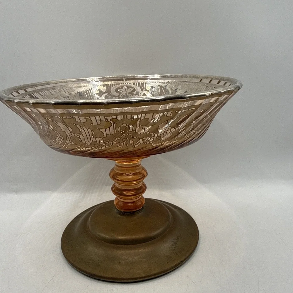 Vintage Fostoria Royal Style Amber Etched Glass Compote Or Candy Footed Bowl